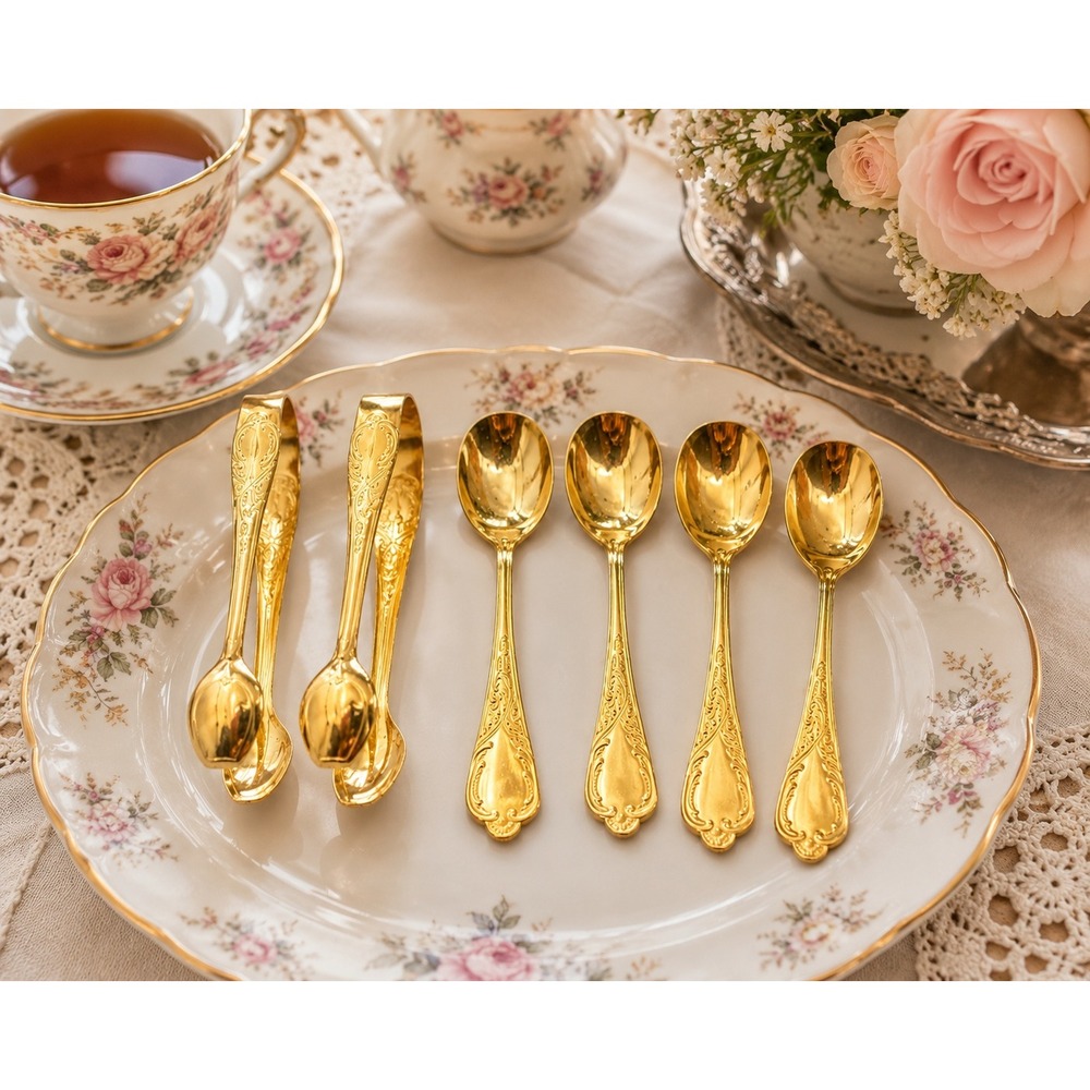 Nivella 23/24K Hartvergoldet 6 Gold‎ Plated Rococo Dessert Spoons Tongs Germany
